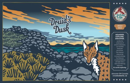 Crooked Mile Brewing Company Craft Beer Labels: Druid's Dusk. Art direction, design, and illustration for a microbrewery in Almonte, Ontario. Crooked Mile commissioned me to create illustrations for each of their flagship beers based on vistas the owners fell in love with during a walking tour in the UK. Druid’s Dusk is an Irish Red and features an ancient hill fort from the iron age against a panoramic vista of distant hills and water; a furtive and mischievous fox prowls cautiously into the frame on the right.